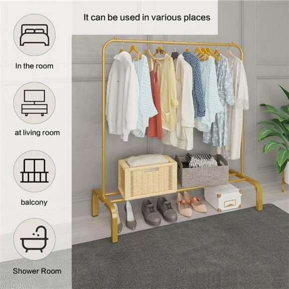 Gold Metal Garment Rack 43 Inch Clothing Rack with Shelf for Coats Dresses - Picture 5 of 7